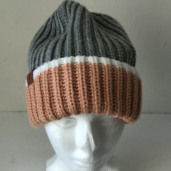 Frye Knitted Beanie Hat Colorblock Dusty Pink Grey White 66-68 main image 8